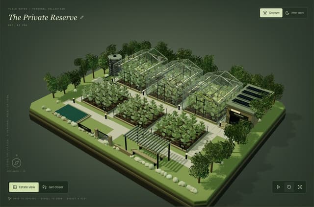 Glasshouses and planted gardens at the Fieldwork estate